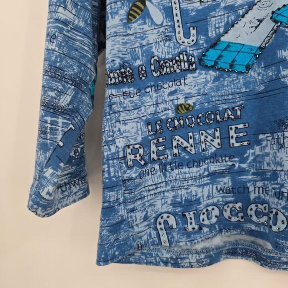 Jane Ashley Petite Vintage Women's Bling Chocolate Bee V Neck Shirt Blue Size PM - Picture 5 of 8